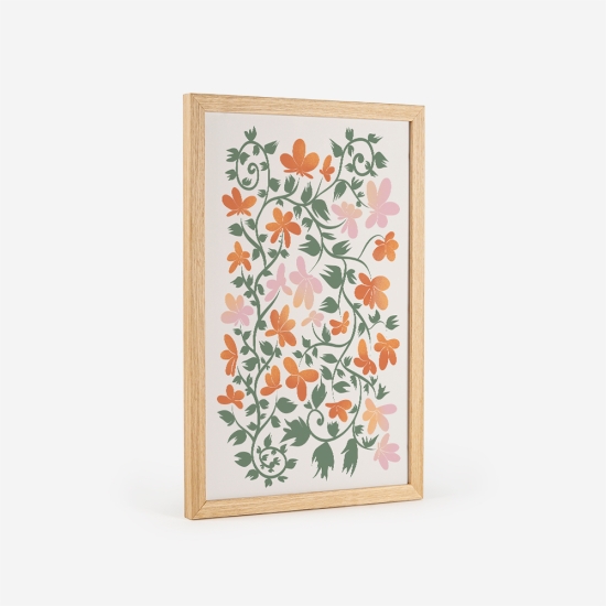 Poster de um padrão com elementos florais estilizados, incluindo várias flores e folhas conectadas por vinhas. 4